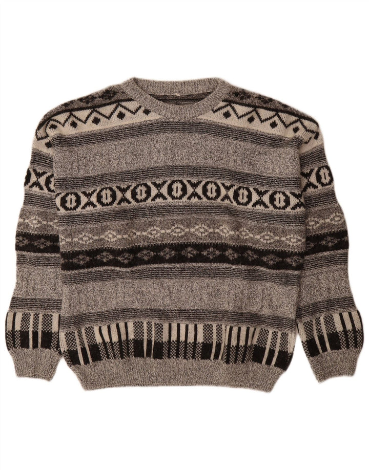 Vintage męski sweter z okrągłym dekoltem, średnioszary, geometryczny wełniany