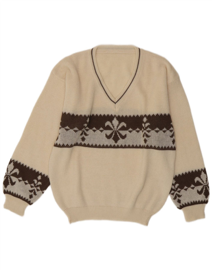 Vintage męski sweter z dekoltem w szpic, duży, biały, wełniany Fair Isle