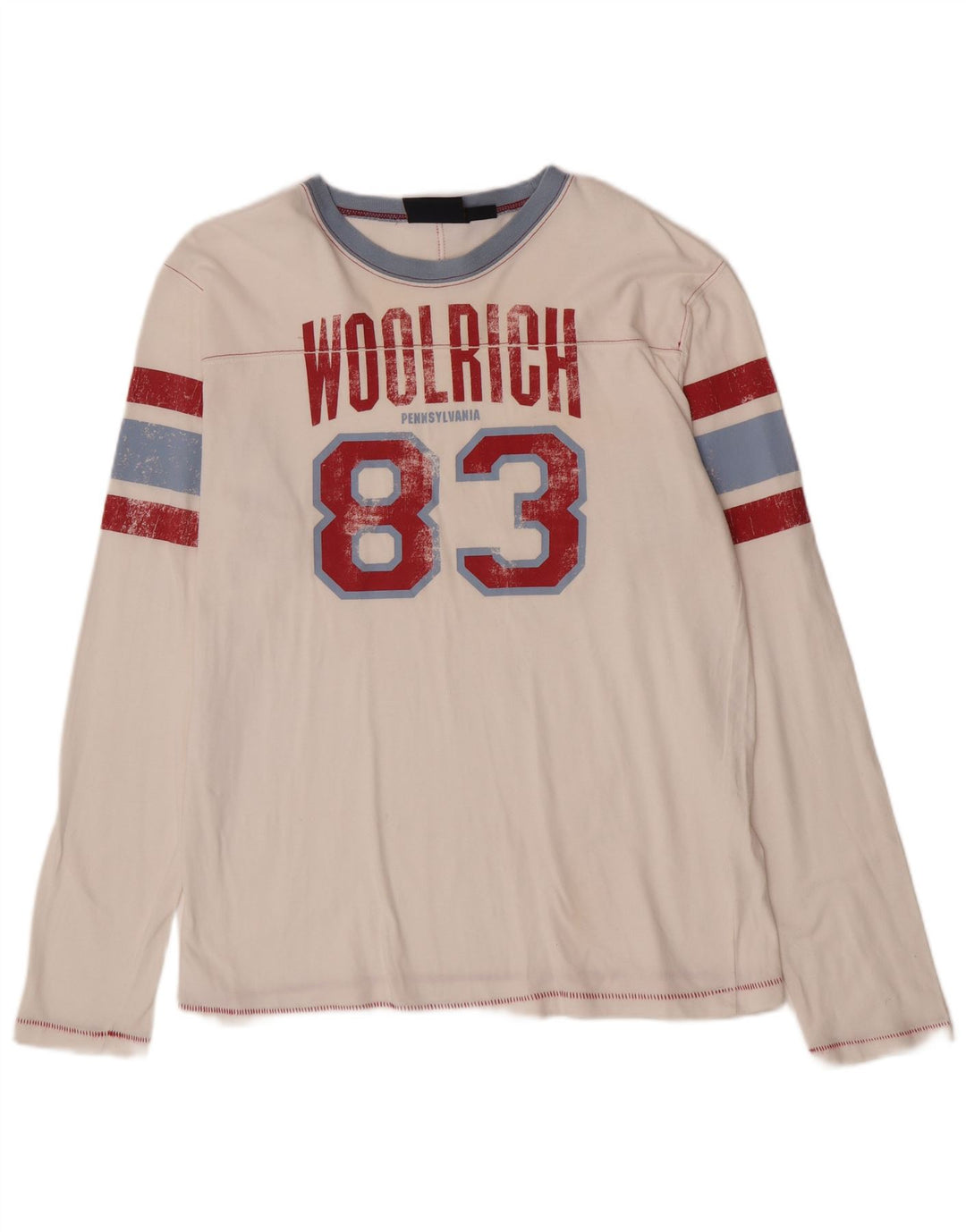 Męski graficzny top Woolrich z długim rękawem, duży, biały, bawełniany