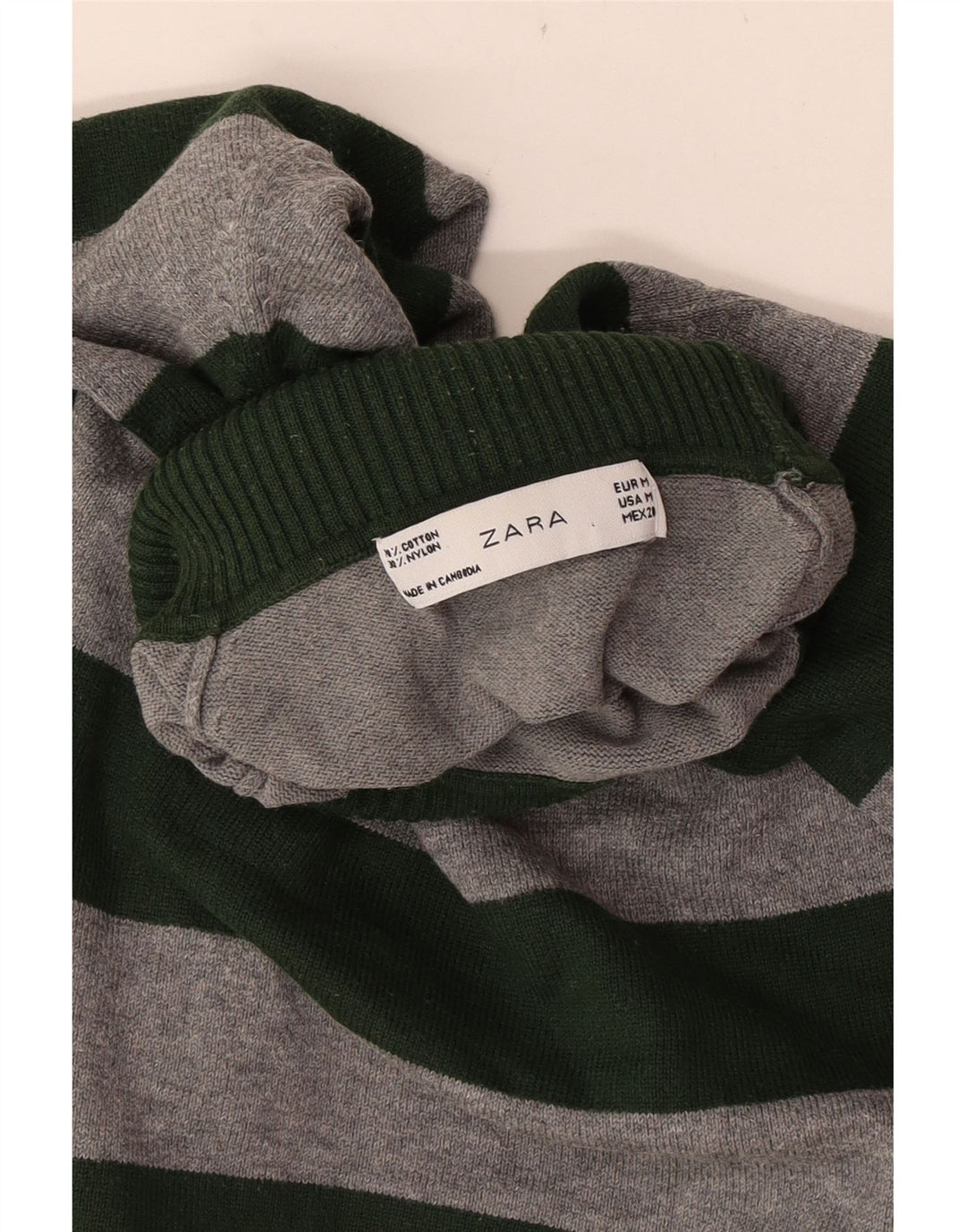 Sweter damski Zara z wywijanym dekoltem UK 12, bawełniany w średnie szare paski