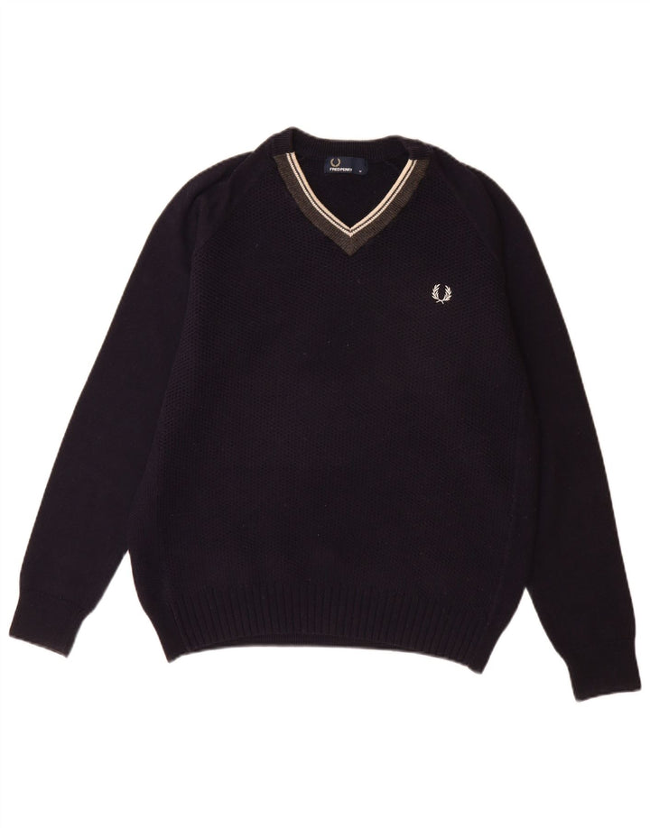 FRED PERRY Męski sweter z dekoltem w kształcie litery V, średni granatowy wełniany