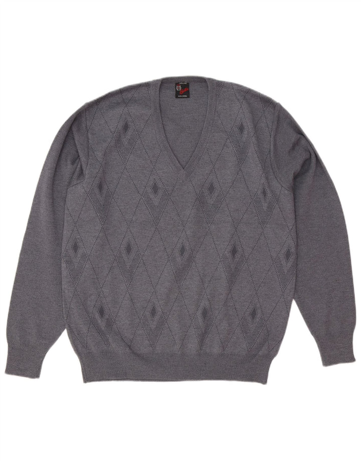 Męski sweter w stylu vintage z dekoltem w szpic, średnioszary, argyle/diamentowa wełna