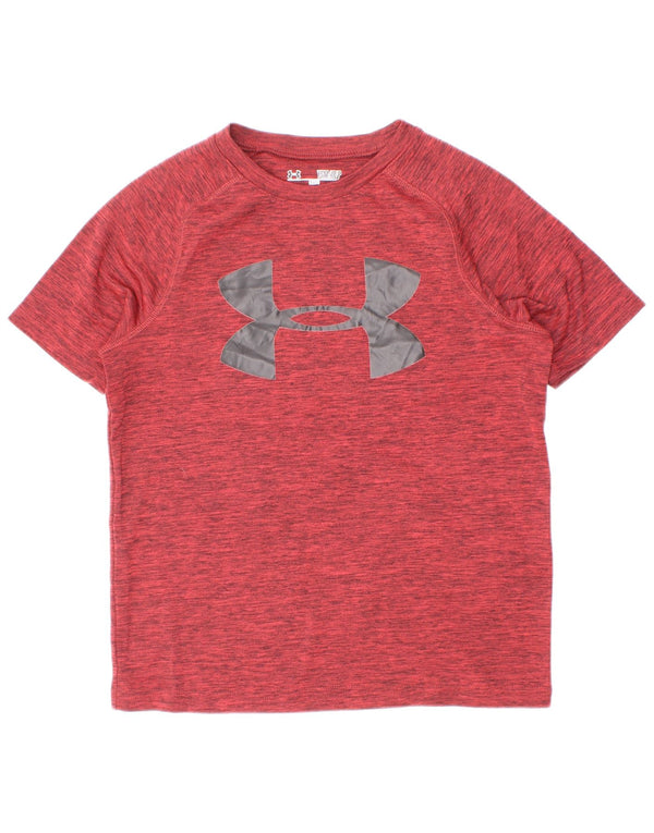 Chłopięcy t-shirt z grafiką Under Armour Heat Gear, rozmiar 7-8 lat, mały, bordowy