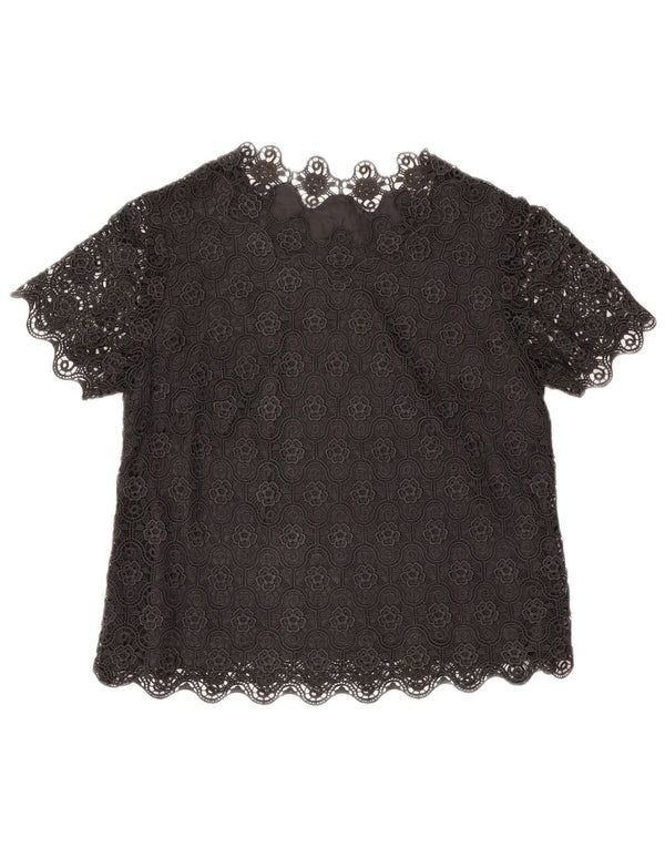 Bluzka damska Vintage Top UK 14, duża czarna w kwiaty