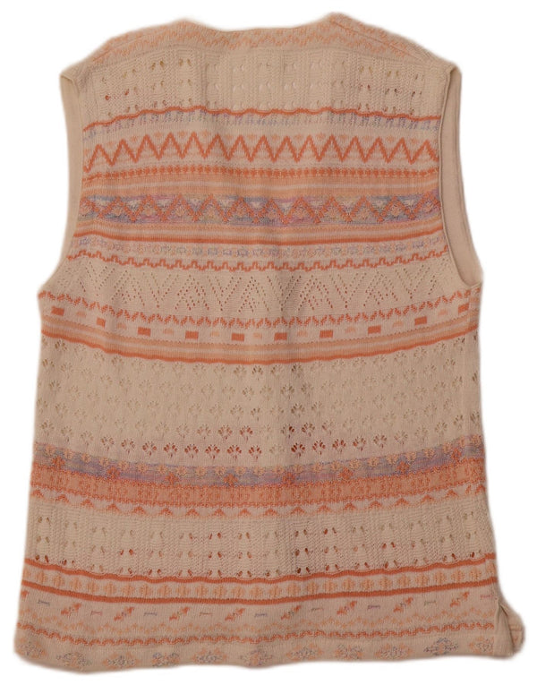 VINTAGE Womens Sleeveless Cardigan Sweater UK 14 Medium White Geometric