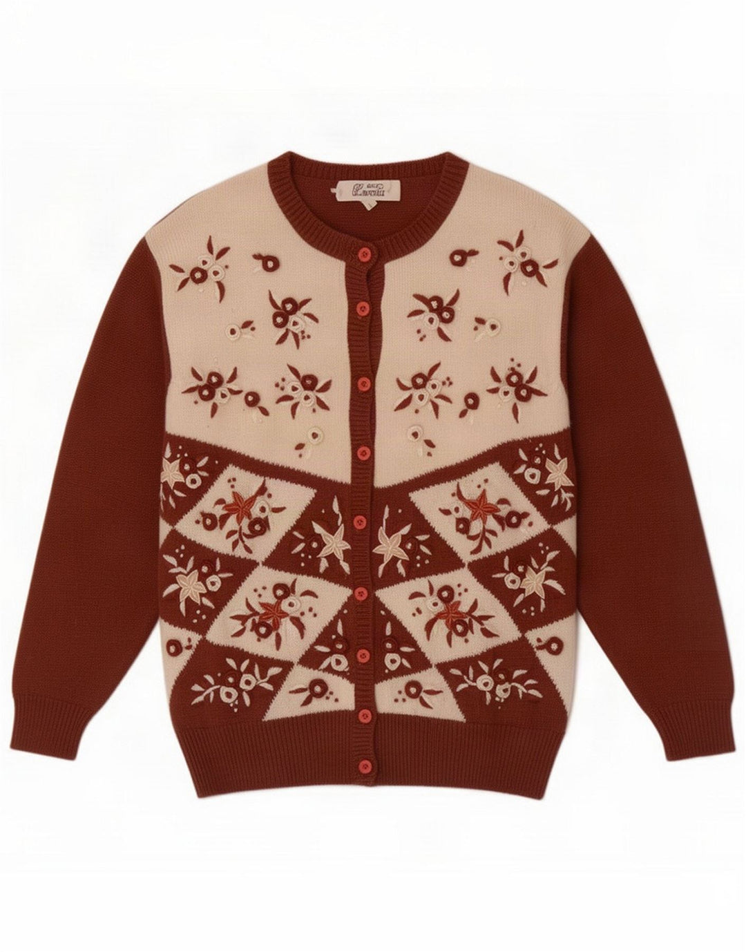 Vintage damski sweter kardigan UK 14 duży brązowy patchwork akryl
