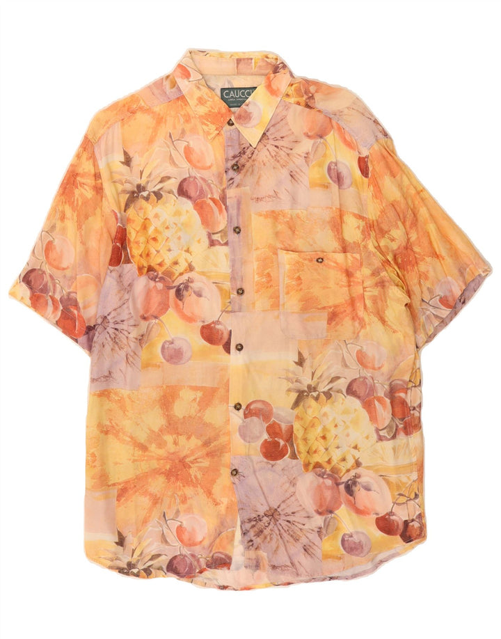 VINTAGE Mens Graphic Short Sleeve Shirt Medium Orange Viscose Vintage Vintage and Second-Hand Vintage from Messina Hembry 