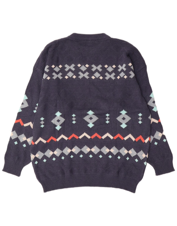 Vintage męski sweter z okrągłym dekoltem 2XL, granatowa, geometryczna bawełna