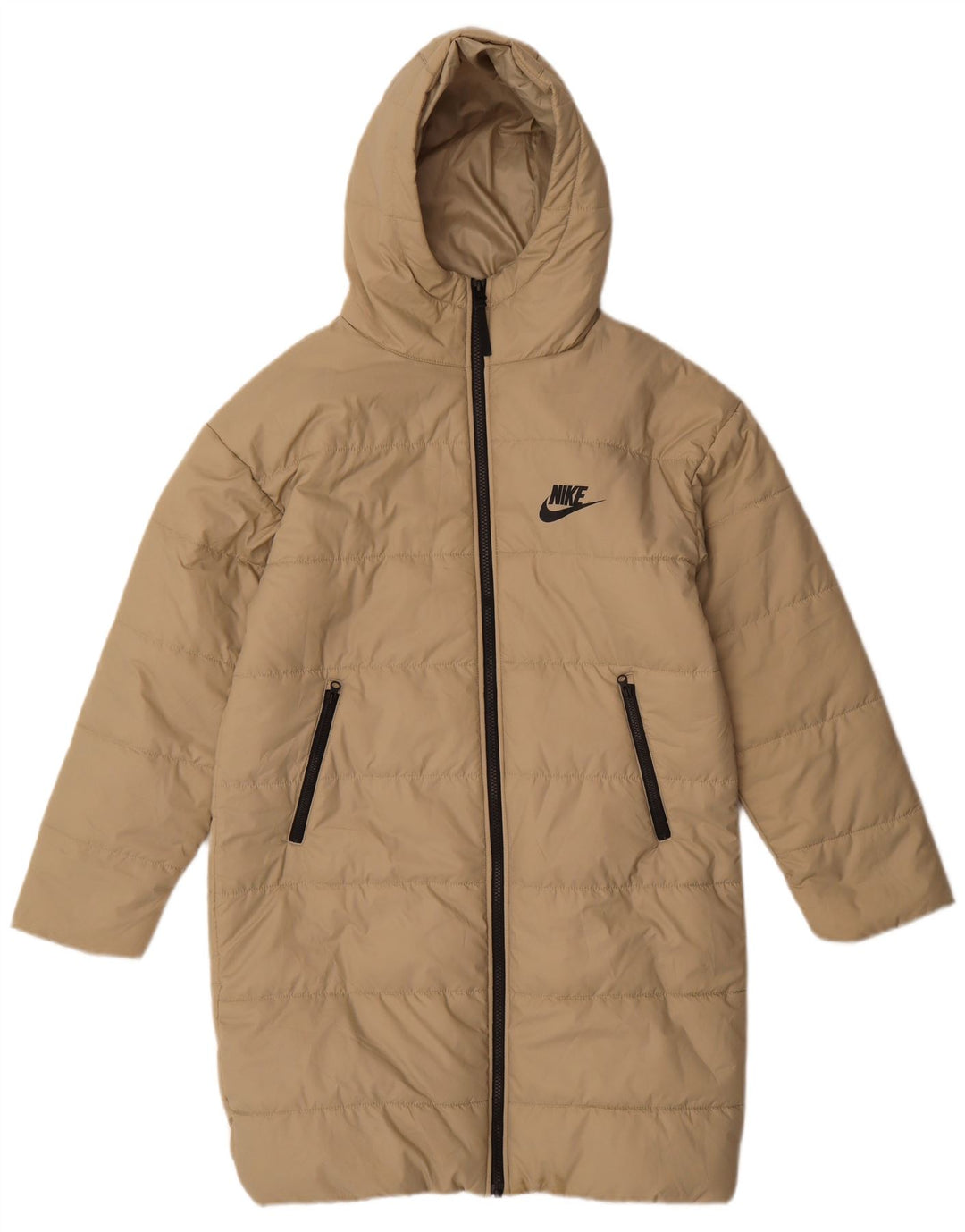 Damski płaszcz z kapturem, oversize, wyściełany Nike UK 6 XS, beżowy poliester