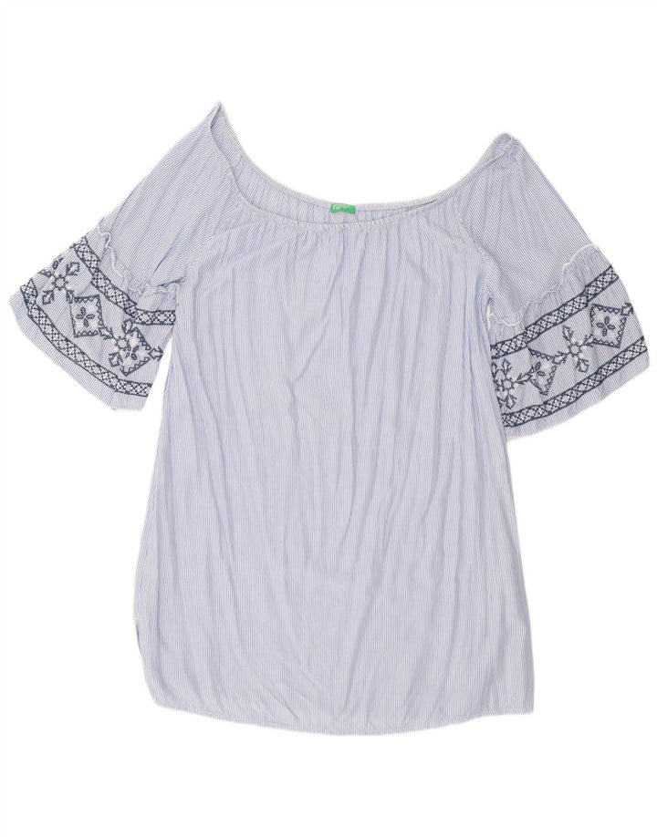 BENETTON Womens Off Shoulder Tunic Top UK 10 Small Blue Striped Viscose