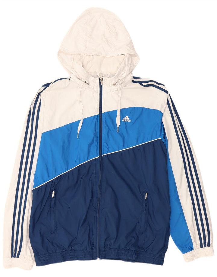 Męska kurtka przeciwdeszczowa Adidas z kapturem UK 40, duża, granatowa, z blokami kolorów, poliestrowa