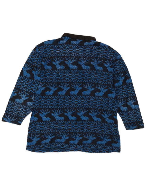 Sweter damski w stylu vintage, z dekoltem polo, UK 14, duży granatowy Fair Isle