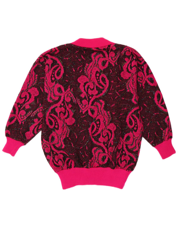 Sweter damski w stylu vintage z dekoltem w kształcie litery V, UK 16, duży, różowy, poliakrylowy Paisley