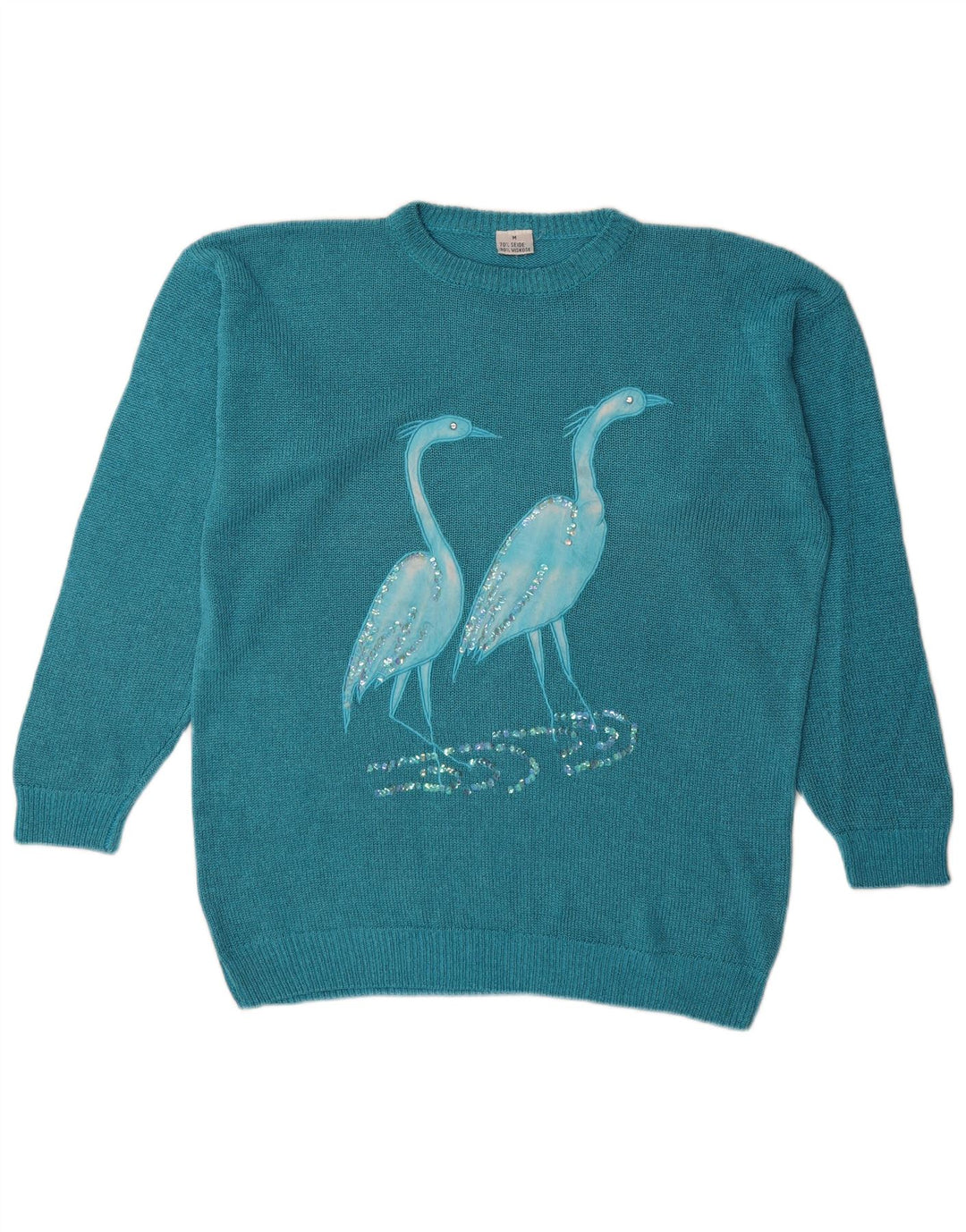 Vintage damski sweter z grafiką, oversize, z dekoltem w łódkę, UK 14, średni niebieski