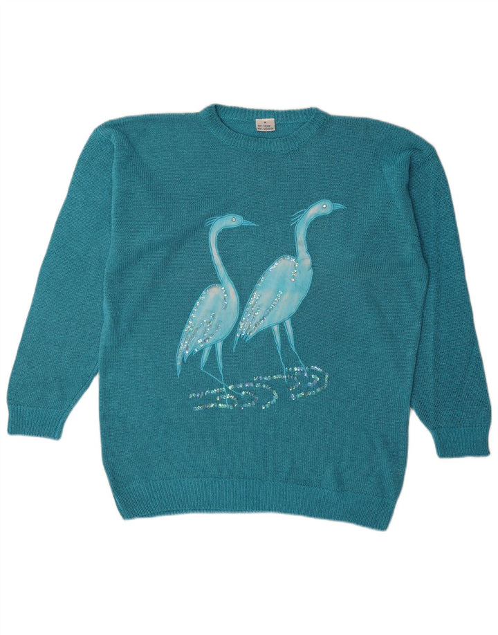 Vintage damski sweter z grafiką, oversize, z dekoltem w łódkę, UK 14, średni niebieski