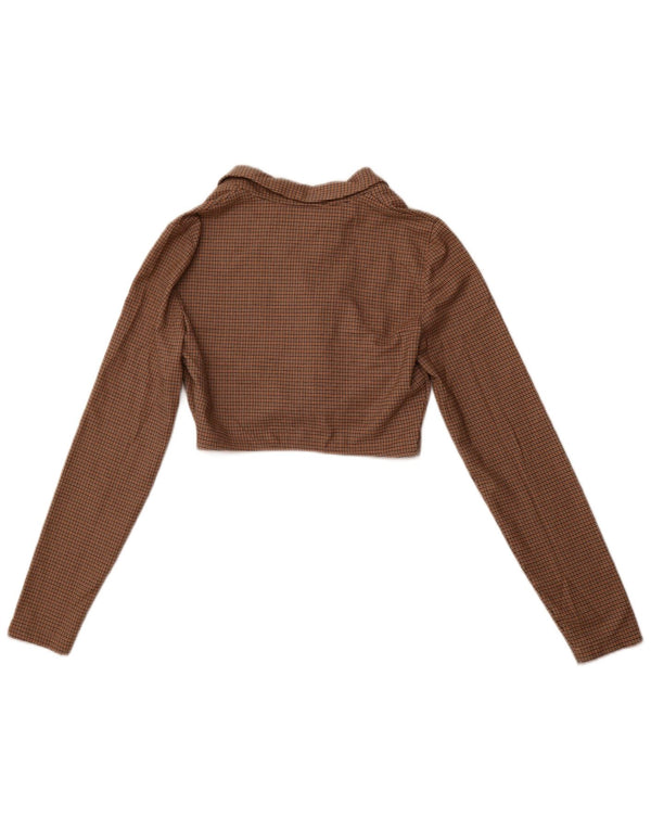 ZARA Womens Long Sleeve Crop Top UK 12 Medium Brown Houndstooth Polyester