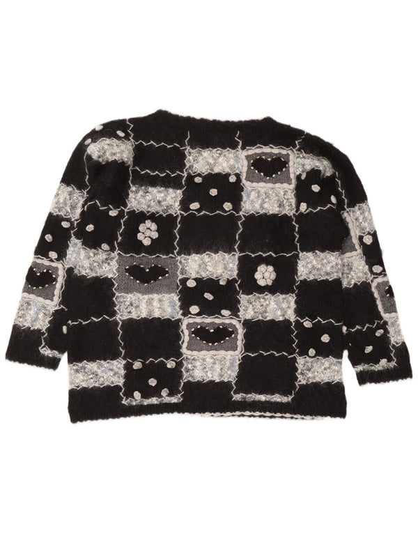 Sweter damski w stylu vintage z dekoltem w łódkę UK 16, duży czarny geometryczny moher