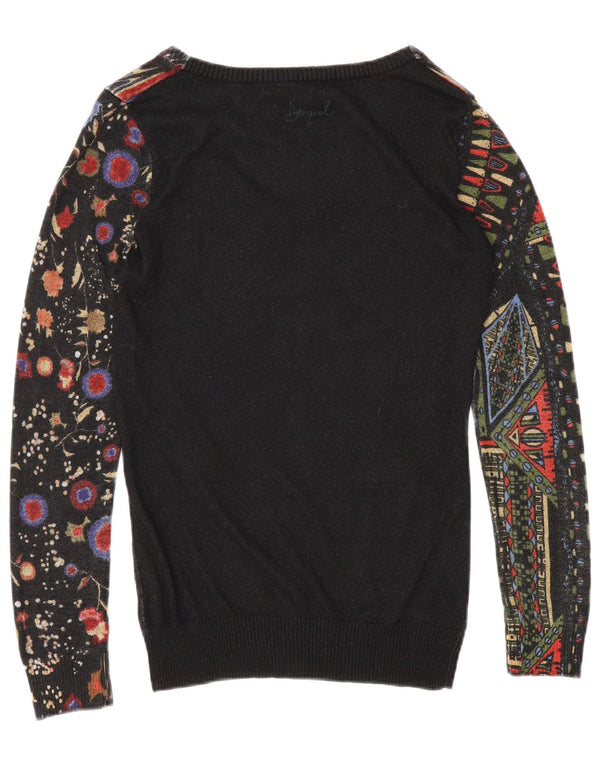 Damski sweter Desigual z graficznym dekoltem w kształcie litery V, UK 10 Small, czarna wiskoza