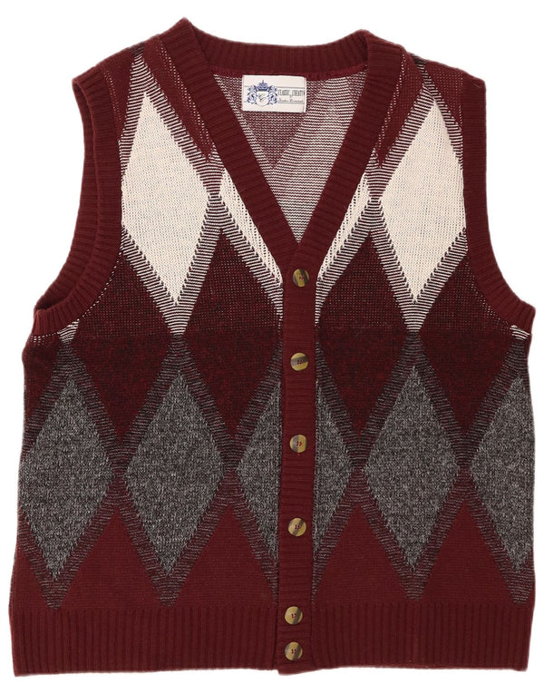 Vintage męski sweter rozpinany, duży, bordowy Argyle/diament