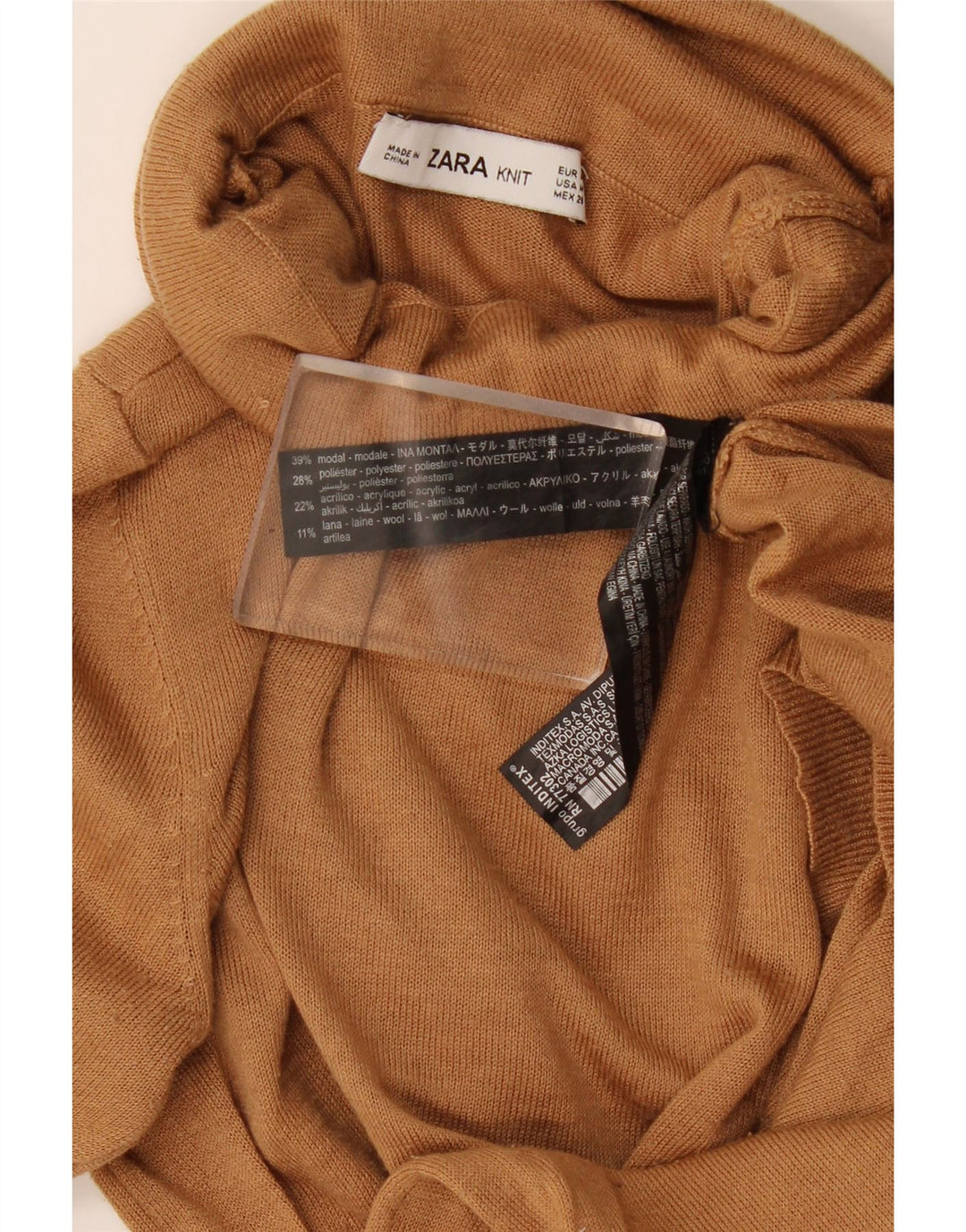 Sweter damski Zara z wywijanym dekoltem UK 12, średni brąz, modal