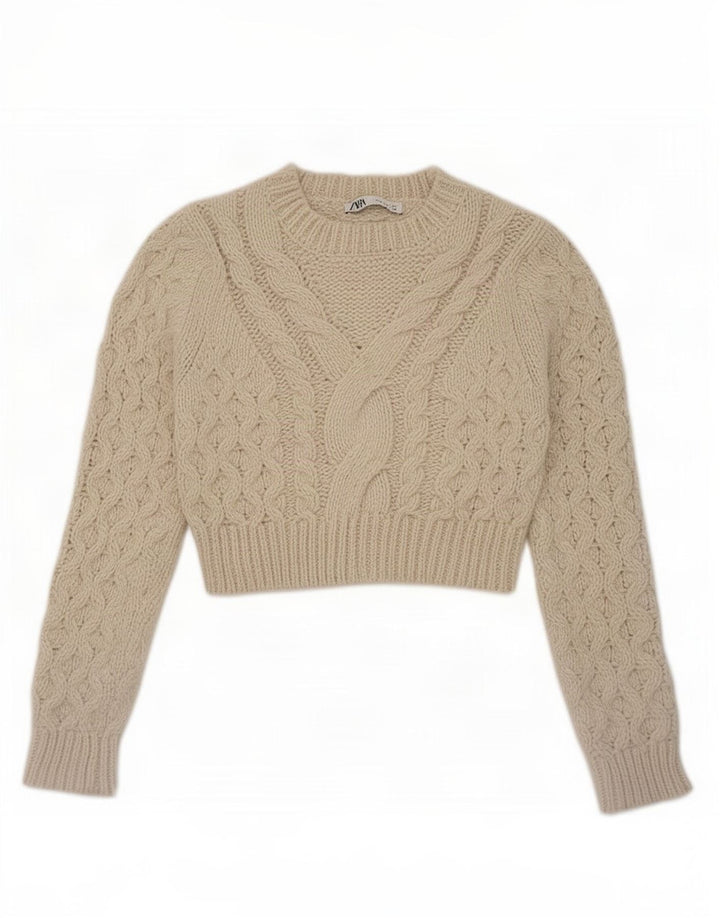 Damski sweter Zara z okrągłym dekoltem, UK 12, średni beżowy poliester