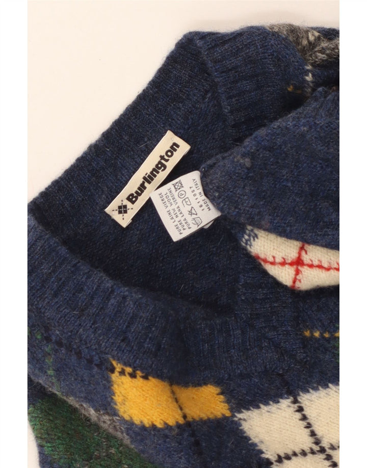 Męski sweter Burlington z dekoltem w kształcie litery V, średnioniebieski, argyle/diamentowy, nowa wełna