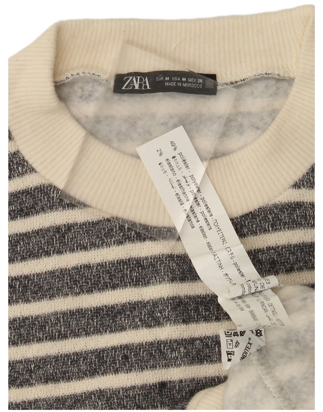 Damski sweter ZARA z okrągłym dekoltem UK 14, poliester w średnie czarne paski