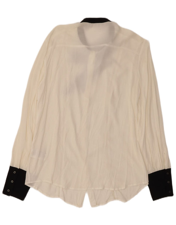 Damska bluzka koszulowa z muszką BENETTON UK 16, duża, biała wiskoza z blokami kolorów