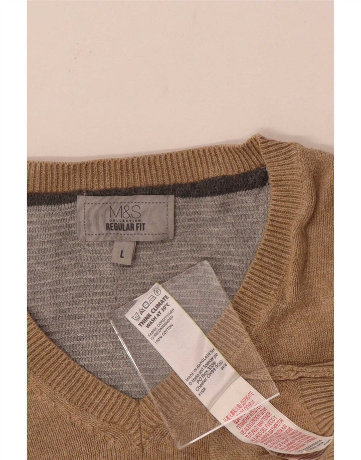 Marks & Spencer Męski sweter o regularnym kroju z dekoltem w kształcie litery V, duży, beżowy, bawełniany