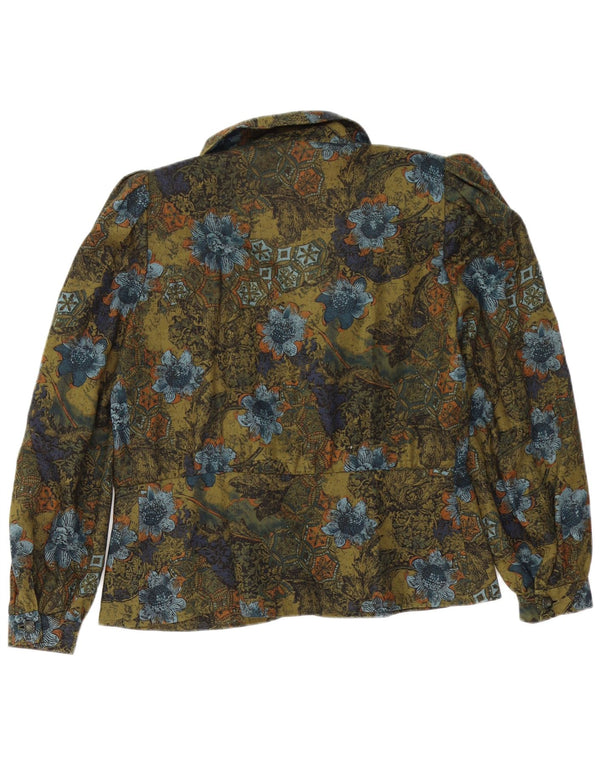 Vintage damski kardigan z długim rękawem Top UK 14, duży, zielony, kwiatowy, retro