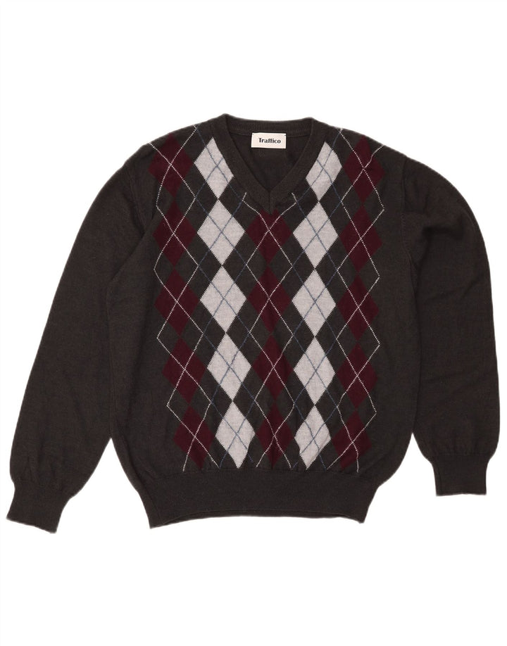 Vintage męski sweter z dekoltem w kształcie litery V XL szary Argyle/diamentowa wełna