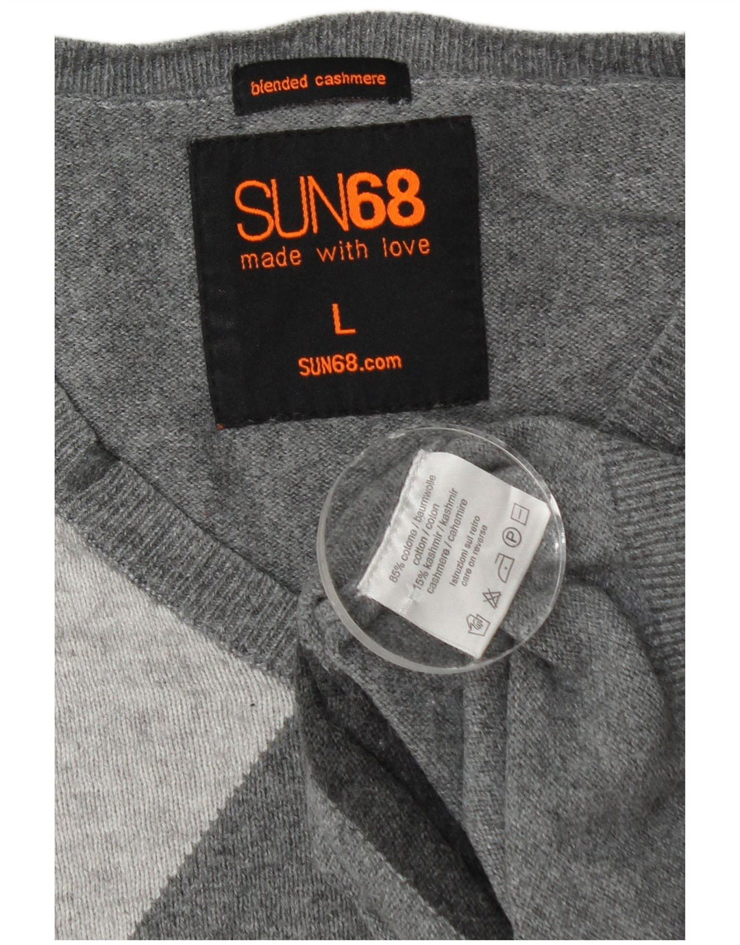 Męski sweter Sun68 z dekoltem w kształcie litery V, duży, szary, wykonany z tkaniny argyle/diamentowej bawełny