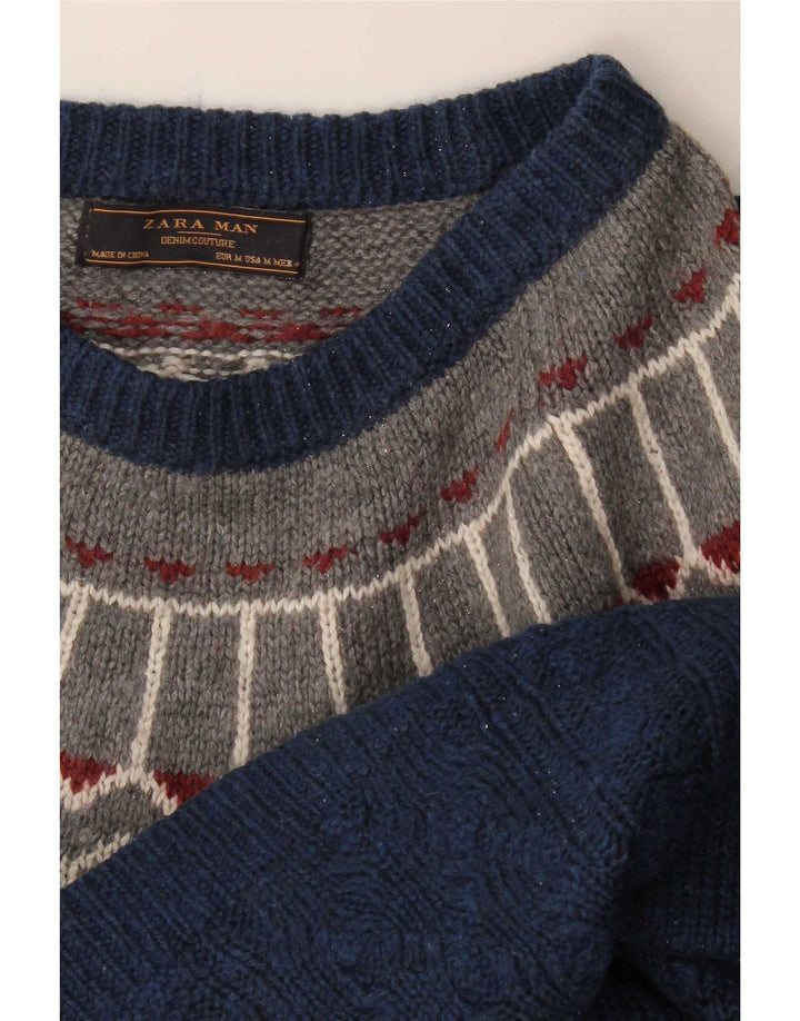 Męski sweter z dekoltem w łódkę Zara, średni granatowy Fair Isle