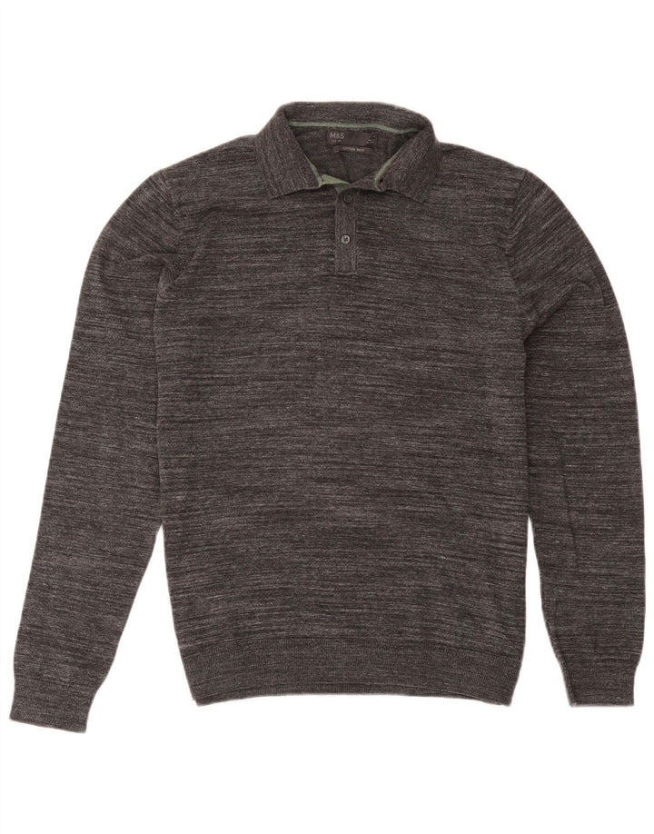 Marks & Spencer Męski sweter polo z dekoltem w serek, średnioszary, bawełniany w cętki