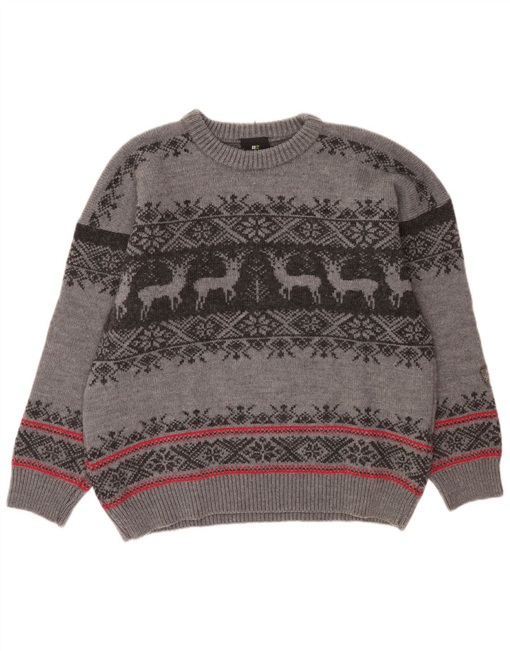 Męski sweter z okrągłym dekoltem Hot Stuff, duży, szary, wełniany Fair Isle