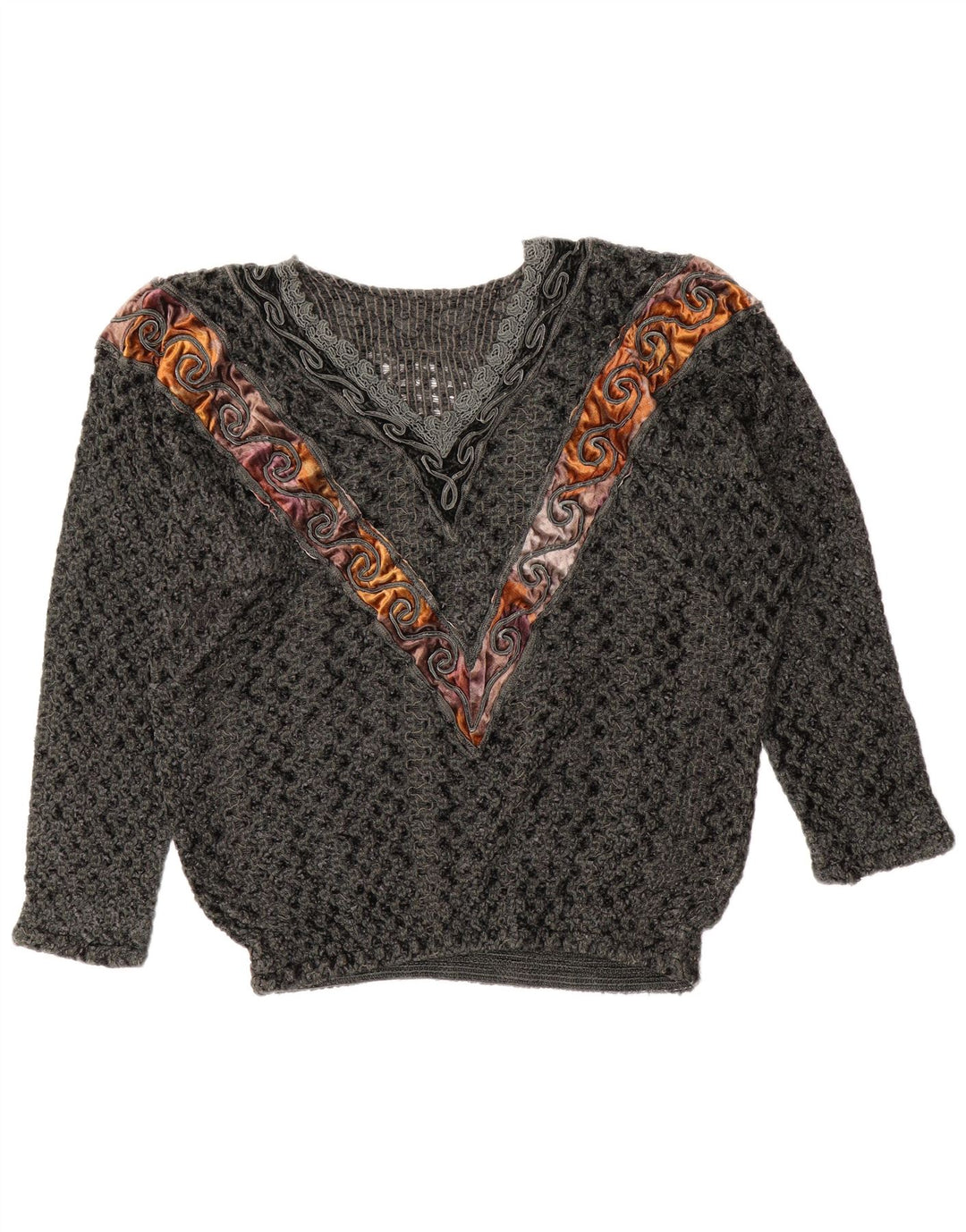 Sweter damski w stylu vintage z dekoltem w kształcie litery V, UK 14, duży szary blok kolorów