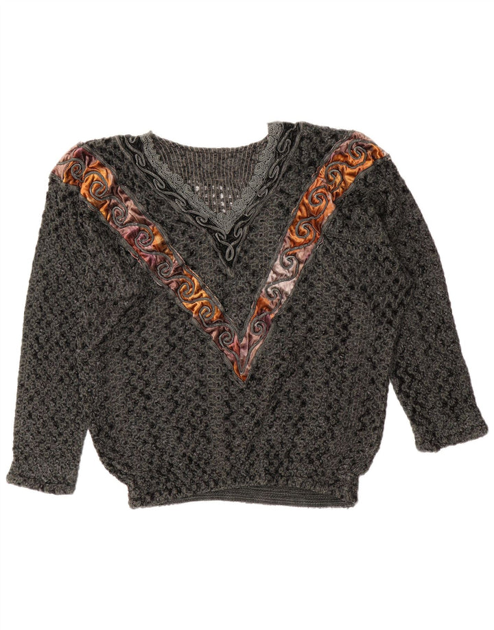 Sweter damski w stylu vintage z dekoltem w kształcie litery V, UK 14, duży szary blok kolorów