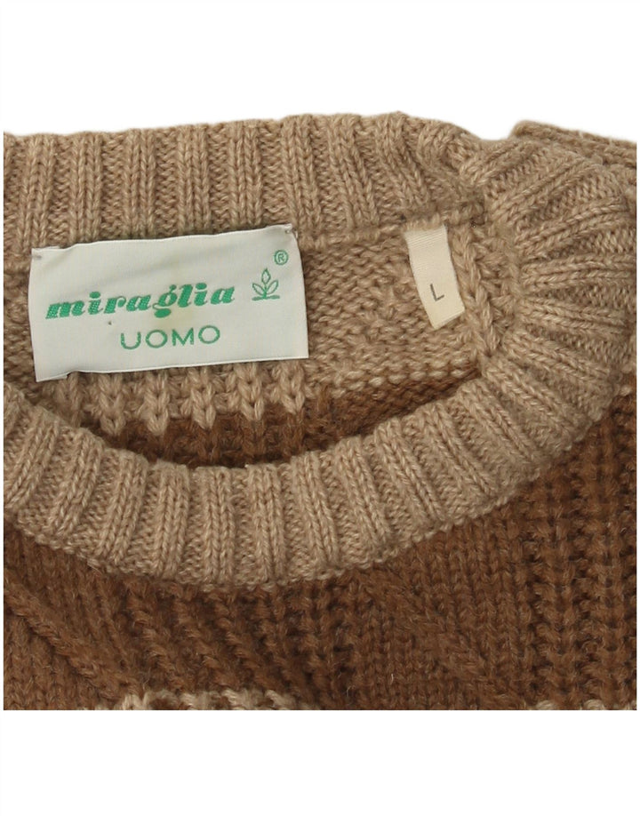 Vintage męski sweter z okrągłym dekoltem, duże brązowe paski