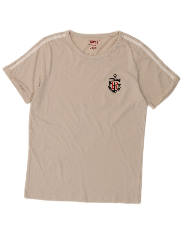 T-shirt damski RIFLE Top UK 14, duży, bawełniany w kolorze złamanej bieli