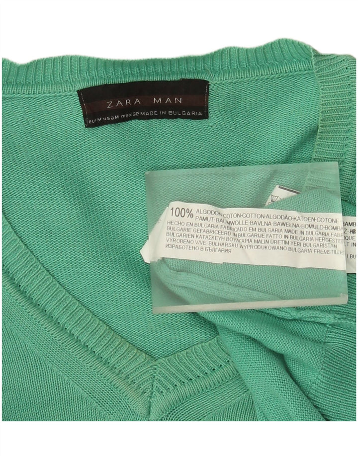 Męski sweter Zara z dekoltem w kształcie litery V, średnio zielony, bawełniany