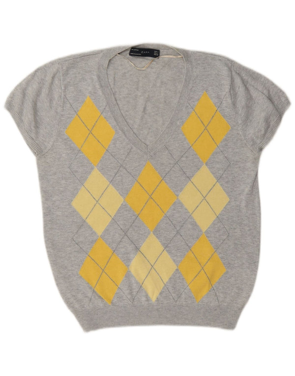 Damski sweter Zara z dekoltem w kształcie litery V, UK 14, duży, szary, argyle/diament