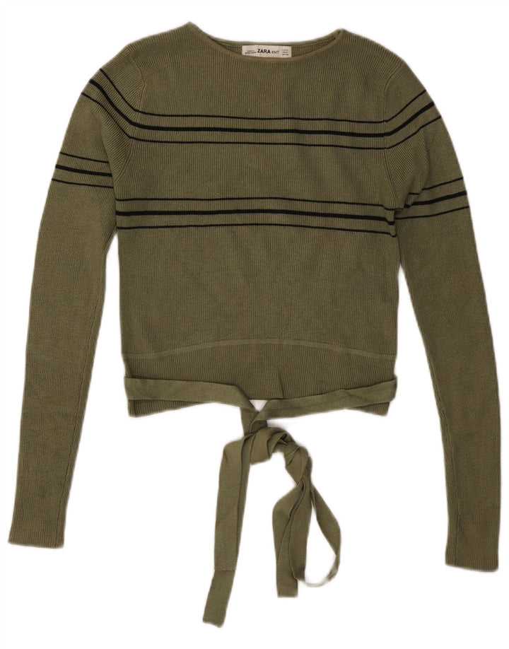 Damski sweter ZARA z dekoltem w łódkę, UK 12, średnie khaki w paski