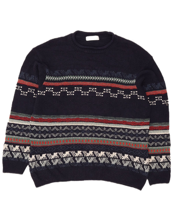 Marks & Spencer Męski sweter z okrągłym dekoltem, duży, granatowy Fair Isle