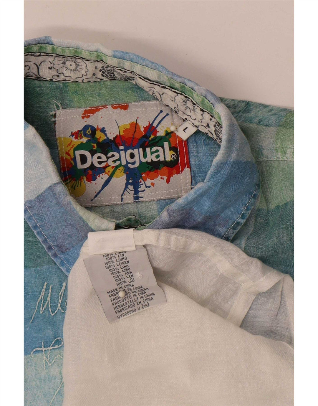 Męska koszula z krótkim rękawem i grafiką Desigual, w dużą, lnianą białą kratkę