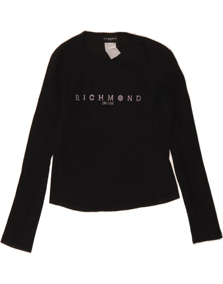 RICHMOND Womens Graphic Top Long Sleeve UK 10 Small Black Cotton Vintage Richmond and Second-Hand Richmond from Messina Hembry 