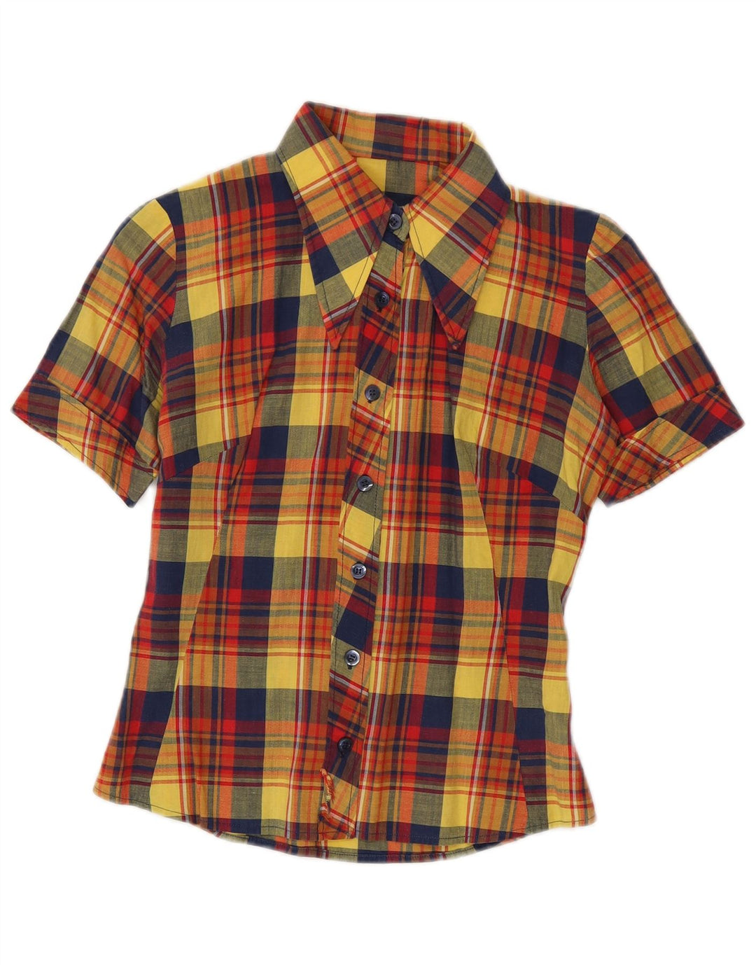 Koszula damska z krótkim rękawem VINTAGE UK 10 w małą wielobarwną kratkę