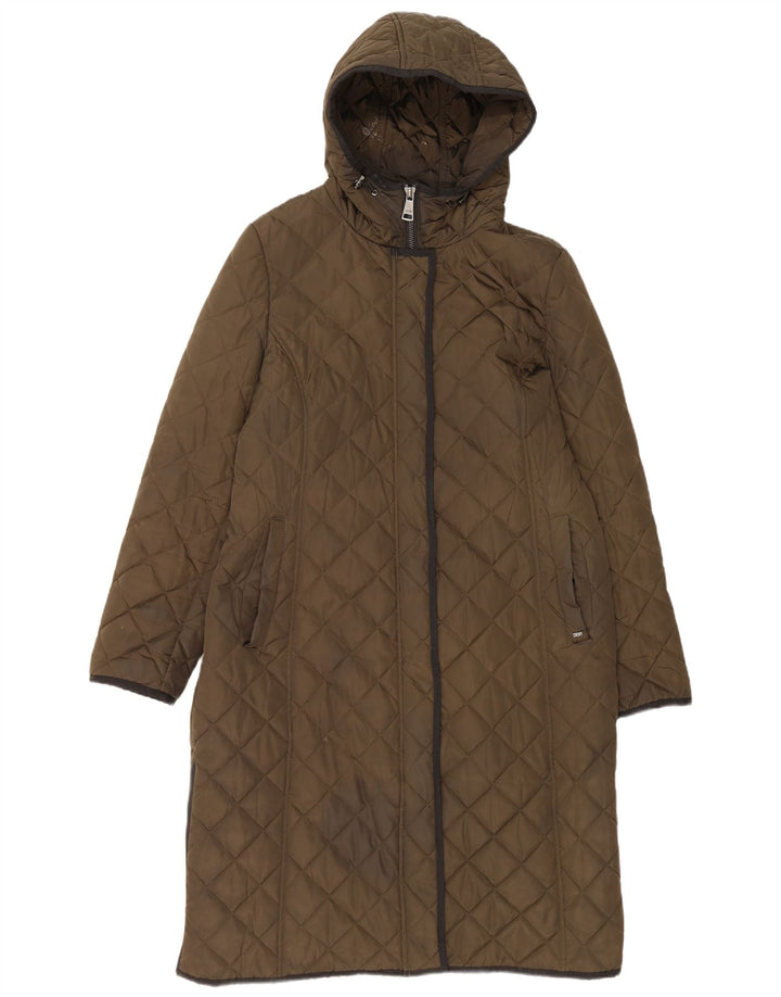 Damski pikowany płaszcz z kapturem Dkny UK 16, duży poliester khaki