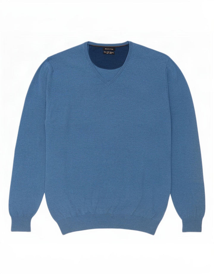 Męski sweter Massimo Dutti z dekoltem w kształcie litery V, XL, niebieski, bawełniany