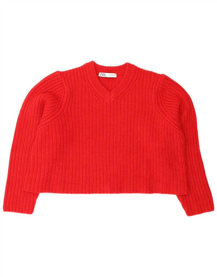 Damski sweter Zara Crop Oversize z dekoltem w kształcie litery V, UK 14, średni czerwony