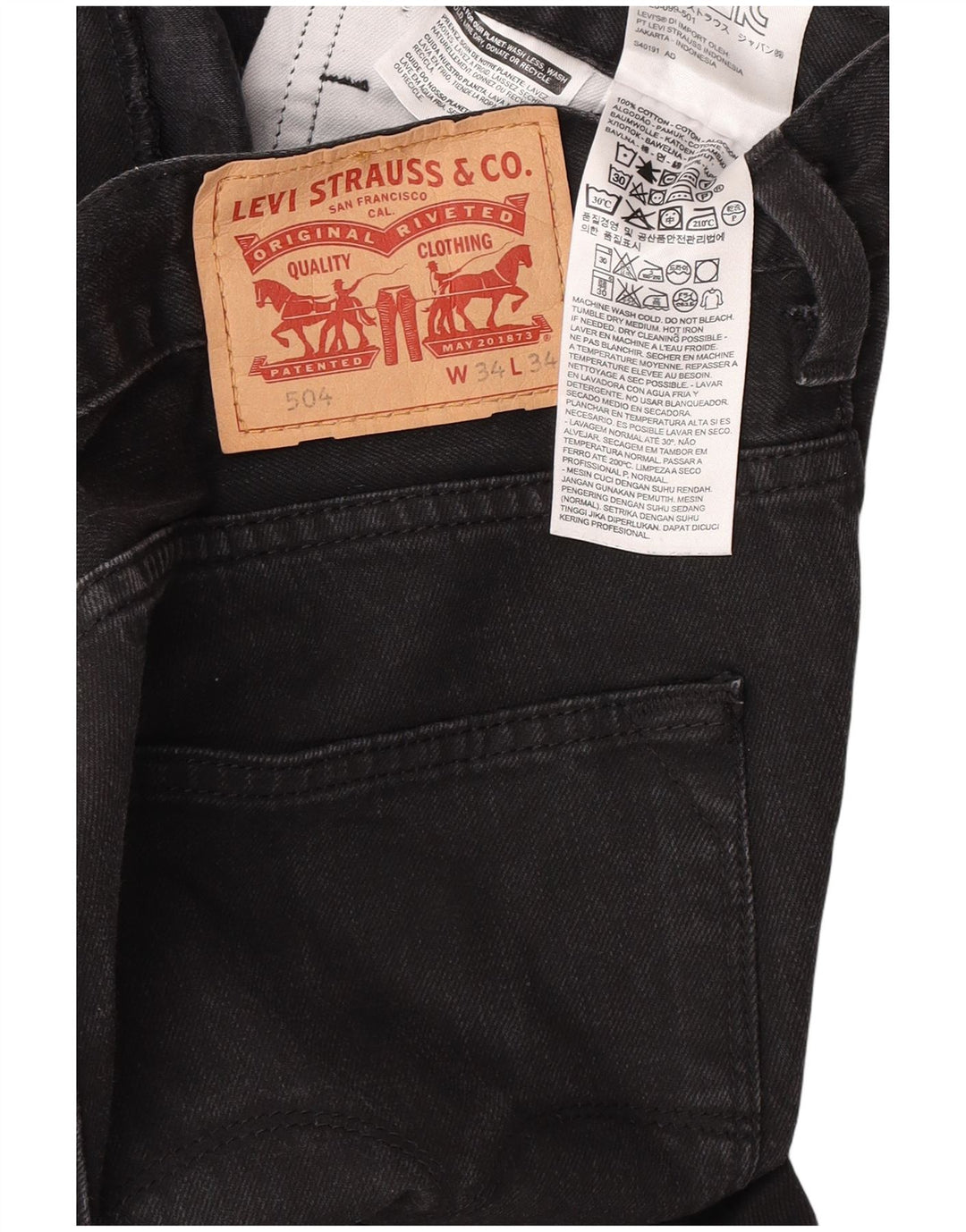Męskie dżinsy Levi's 504 Straight W34 L34 Czarna bawełna